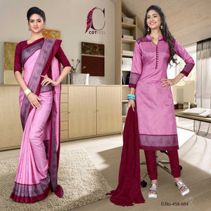 Pink and Maroon Women's Premium Manipuri Cotton Plain Gala Border Jewellery Showroom Uniform Sarees Salwar Combo