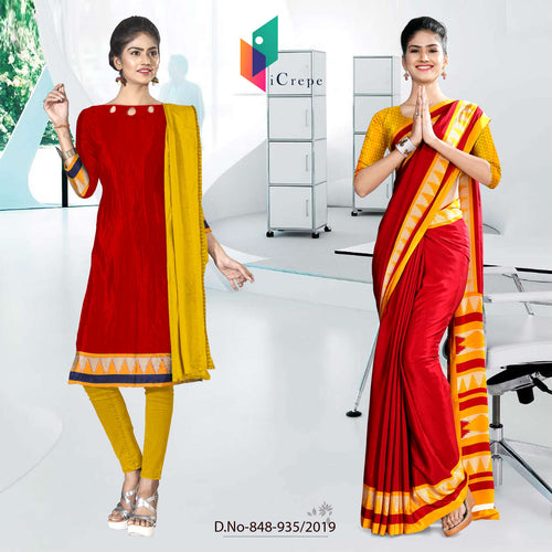 Maroon and Yellow Women's Premium Italian Silk Plain Gala Border Uniform Sarees Salwar Combo For Jelwellery Showroom Uniform Sarees