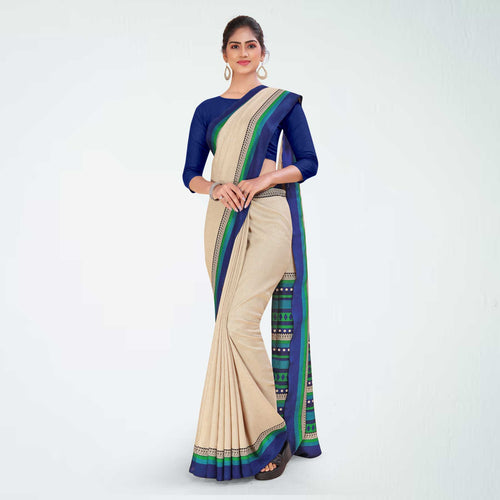 Beige and Bottle Green Women's Premium Manipuri Cotton Plain Gaala Border Front Office Uniform Saree