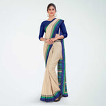 Beige and Navy Blue Women's Premium Manipuri Cotton Plain Gaala Border Housekeeping Uniform Saree