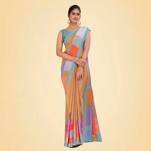 Peach and Navy Blue Women's Premium Italian Silk Digital Print Uniform Sarees for Institutions With Blouse Piece