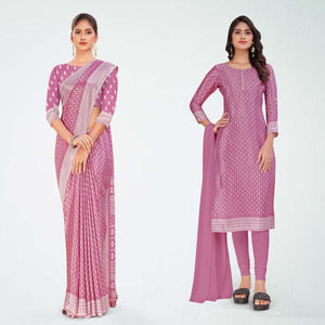 Lavender Pink Women's Premium Silk Chiffon Small Butty Oberoi Hotel Uniform Saree Salwar Combo
