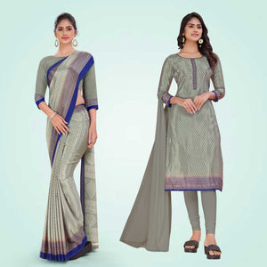 Grey and Navy Blue Women's Premium Silk Chiffon Small Butty Institution Uniform Saree Salwar Combo
