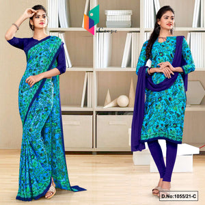 Sky Blue Navy Blue Women's Premium Italian Silk Floral Print Uniform Sarees Salwar Combo For Industrial Employees