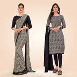 Navy Blue Women's Premium Italian Silk Ikat Print Jewellery Showroom Uniform Saree Salwar Combo