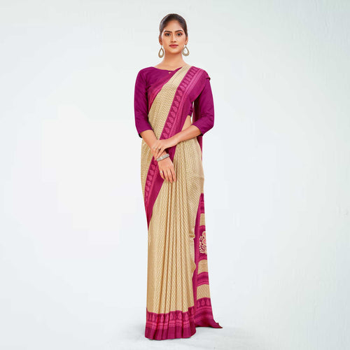 Beige and Navy Blue Women's Premium Italian Silk Small Butty Front Office Uniform Saree