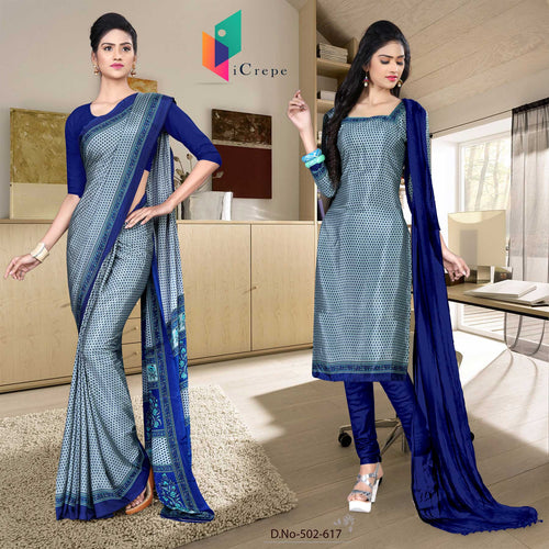 Gray and Navy Blue Women's Premium Italian Silk Small Butty School Uniform Sarees Salwar Combo