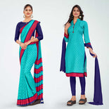 Beige and Turquoise Women's Premium Manipuri Cotton Small Butty Workers Uniform Saree Salwar Combo