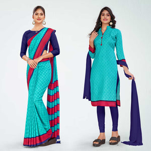 Aqua Blue and Pink Women's Premium Manipuri Cotton Small Butty Receptionist Uniform Saree Salwar Combo