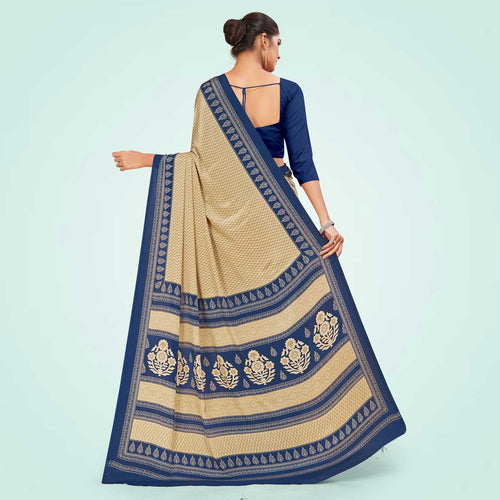 Beige and Navy Blue Women's Premium Italian Silk Small Butty Front Office Uniform Saree