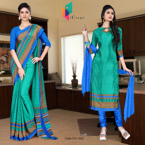 Green and Blue Women's Premium Italian Silk Eyecatchers College Uniform Saree Salwar Combo