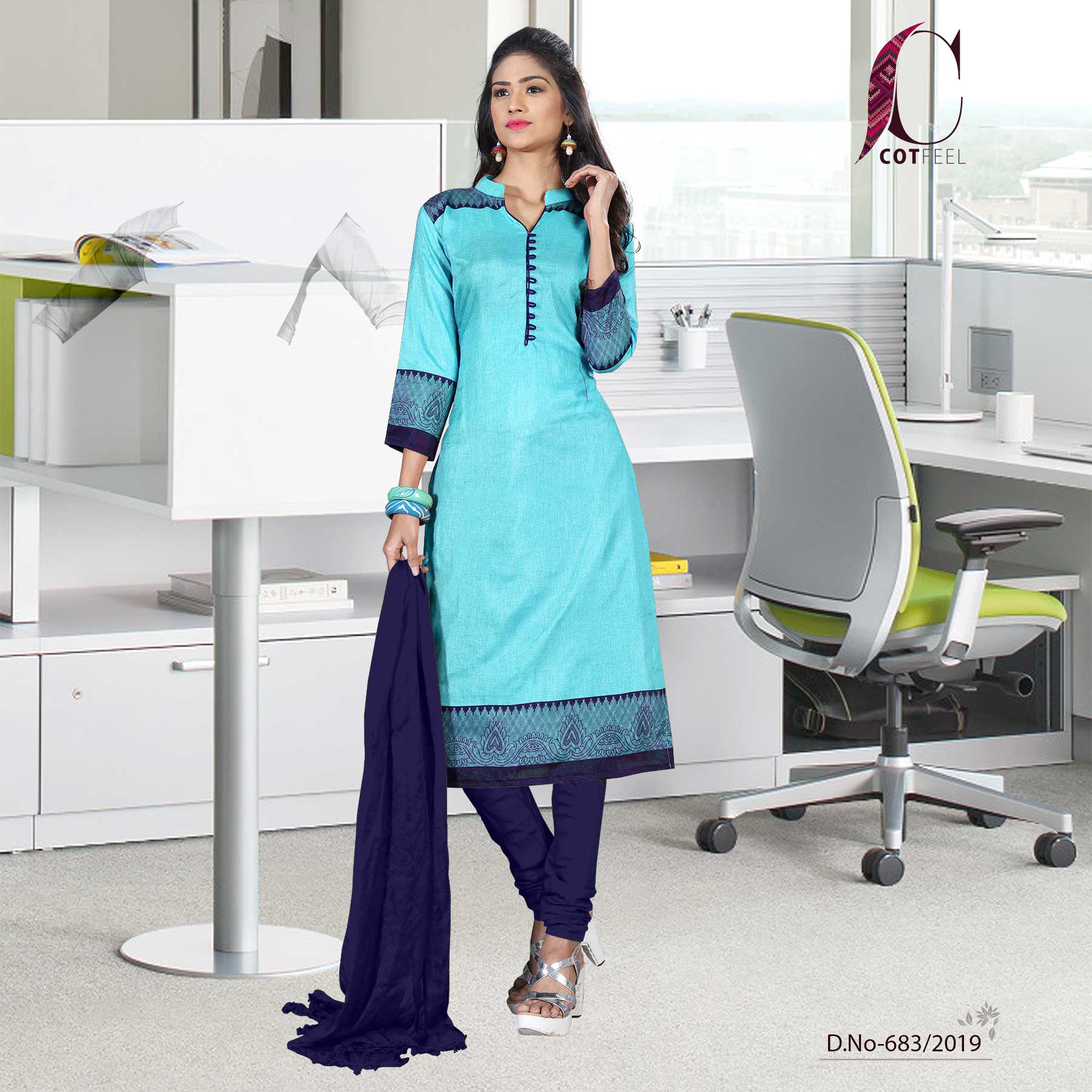 Turquoise With Navy Blue Border Women's Premium Tripura Cotton