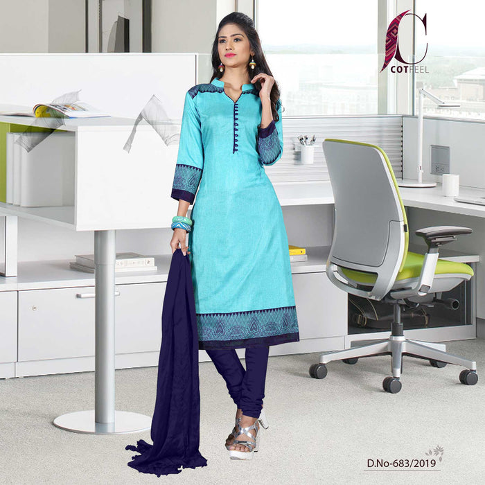 Turquoise With Navy Blue Border Tripura Cotton Teacher Uniform Salwar Kameez