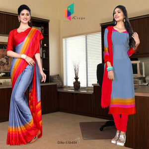 Gray and Red Women's Premium Silk Chiffon Plain Gala Border College Uniform Sarees Salwar Combo