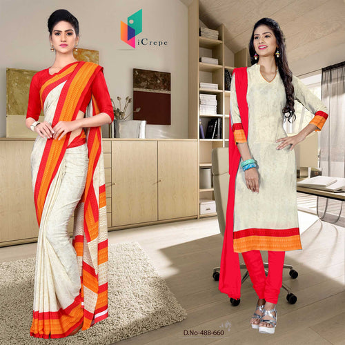 Cream and Red Women's Premium Italian Silk Discipline Day School Teachers Uniform Sarees Salwar Combo