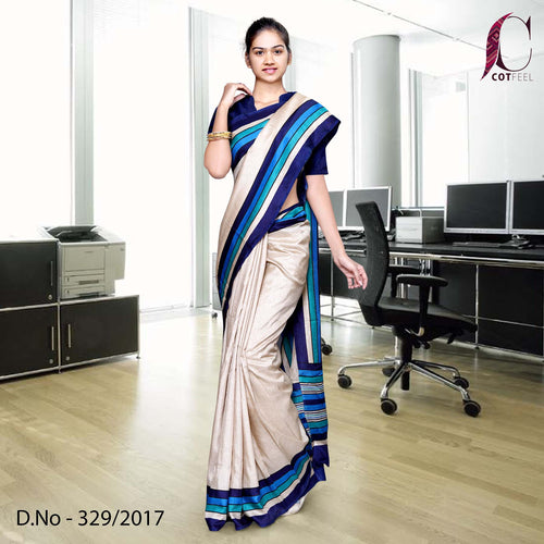 Beige With Blue Border Tripura Cotton Uniform Saree