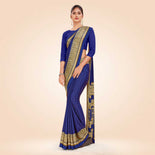 Navy Blue and Beige Women's Premium Italian Silk Plain Gaala Border Students Uniform Saree