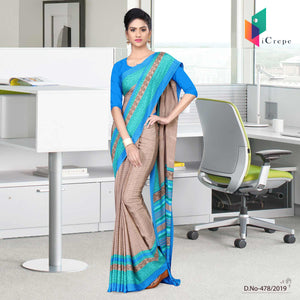 Beige And Blue Italian Crepe Silk Air Hostess Uniform Saree