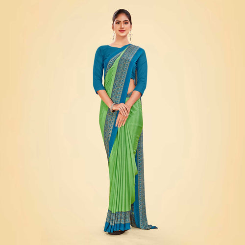 Blue and Navy Blue Women's Premium Italian Silk Plain Gaala Border Anganwadi Uniform Saree