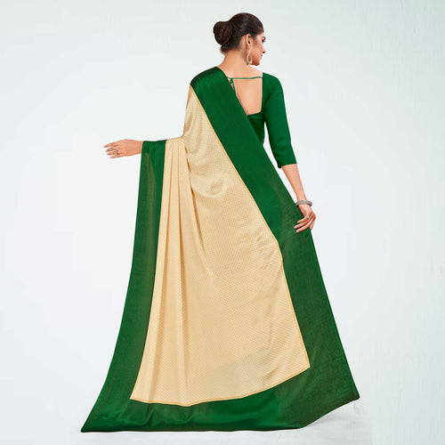 Beige and Bottle Green Women's Premium Silk Chiffon Plain Gaala Border Industrial Uniform Sarees With Blouse Piece