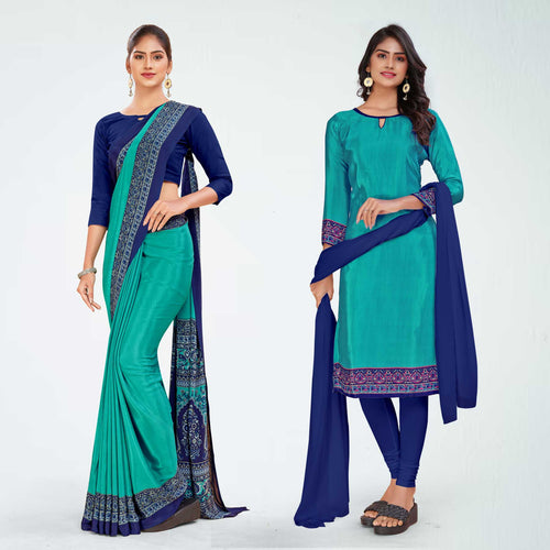 Pistachio and Turquoise Women's Premium Italian Silk Plain Gaala Border Resort Uniform Saree Salwar Combo