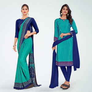 Turquoise and Navy Blue Women's Premium Italian Silk Plain Gaala Border Women's Uniform Saree Salwar Combo