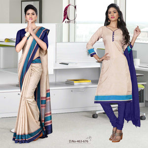 Beige and Navy Blue Women's Premium Manipuri Cotton Plain Gala Border Teachers Uniform Sarees Salwar Combo