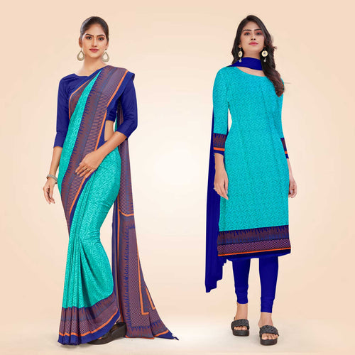 Turquoise and Navy Blue Women's Premium Italian Silk Discipline Day PTM Uniform Saree Salwar Combo