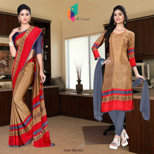 Brown and Red Women's Premium Italian Silk Discipline Day College Uniform Sarees Salwar Combo