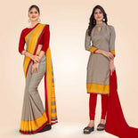 Beige and Maroon Women's Premium Manipuri Cotton Plain Gaala Border Institution Uniform Saree Salwar Combo