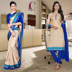 Beige and Blue Women's Premium Manipuri Cotton Plain Gala Border Institute Uniform Sarees Salwar Combo