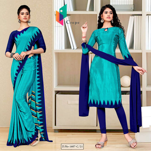 Turquoise Navy Blue Premium Italian Silk Crepe Small Print Housekeeping Uniform Sarees Salwar Combo For Support Staff