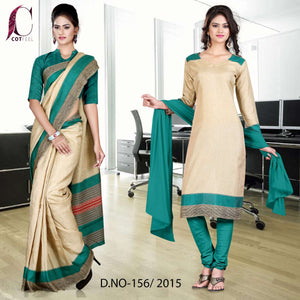 Beige and Green Women's Premium Manipuri Cotton Plain Gaala Border Factory Workers Uniform Sarees Salwar Combo