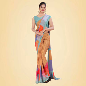 Peach and Grey Women's Premium Italian Silk Digital Print Uniform Sarees for Office With Blouse Piece