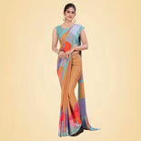 Turquoise Women's Premium Italian Silk Digital Print Female Uniform Sarees With Blouse Piece