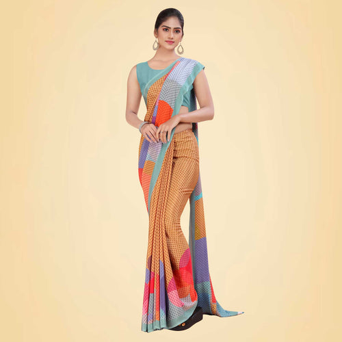 Light Yellow and Tomato Red Women's Premium Italian Silk Digital Print Uniform Sarees for Industrial Workers With Blouse Piece