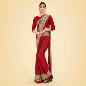 Blood Red and Beige Women's Premium Italian Silk Plain Gaala Border Hotel Uniform Saree