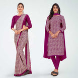 Wine Women's Premium Italian Silk Ikat Print Anganwadi Uniform Saree Salwar Combo