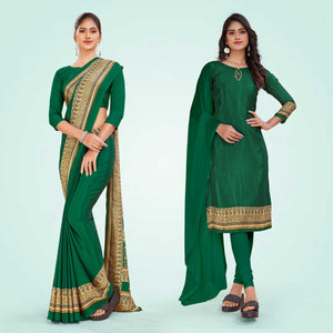 Bottle Green and Beige Women's Premium Italian Silk Plain Gaala Border Staff Uniform Saree Salwar Combo