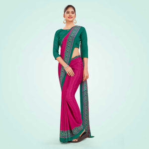 Magenta pink and Leaf Green Women's Premium Italian Silk Plain Gaala Border Front Office Uniform Saree