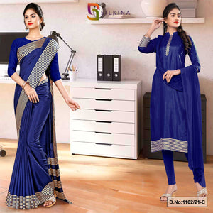 Navy Blue Women's Premium Silk Georgette Plain Gala Border Uniform Sarees Salwar Combo For Teachers Uniform