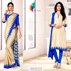 Beige Blue Small Print Premium Italian Silk Crepe Saree Salwar Combo For Institution Uniform