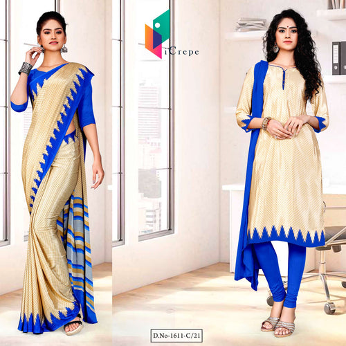 Beige Blue Small Print Premium Italian Silk Crepe Saree Salwar Combo For Institution Uniform