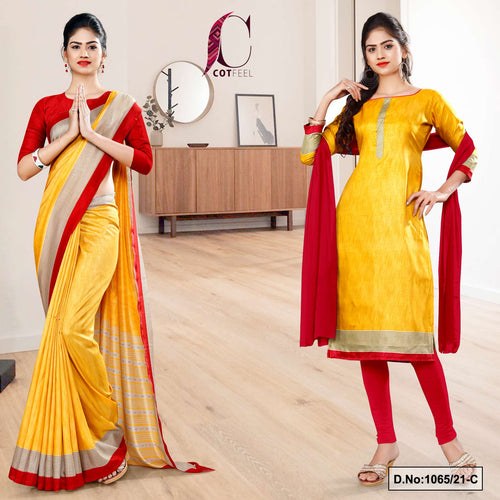 Yellow Red Women's Premium Manipuri Cotton Uniform Sarees Salwar Combo For Student Uniform