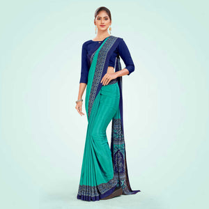 Turquoise and Navy Blue Women's Premium Italian Silk Plain Gaala Border Women's Uniform Saree