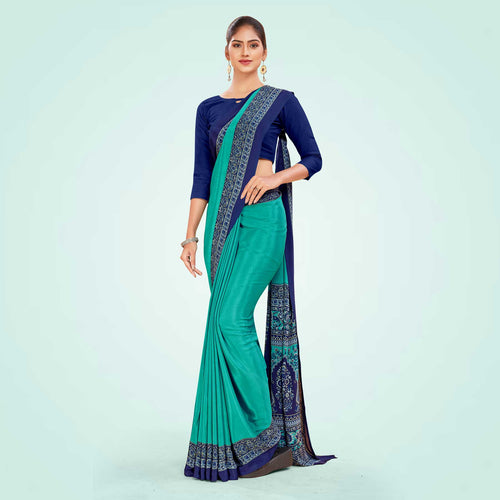 Turquoise and Navy Blue Women's Premium Italian Silk Plain Gaala Border Women's Uniform Saree