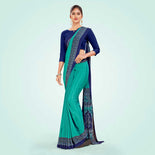 Blue and Navy Blue Women's Premium Italian Silk Plain Gaala Border Anganwadi Uniform Saree