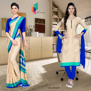 Cream and Blue Women's Premium Italian Silk Discipline Day Showroom Uniform Sarees Salwar Combo
