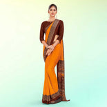 Mustard and Brown Women's Premium Italian Silk Plain Gaala Border Annual Function Uniform Saree