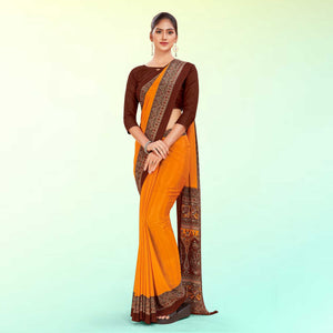 Mustard and Brown Women's Premium Italian Silk Plain Gaala Border Annual Function Uniform Saree